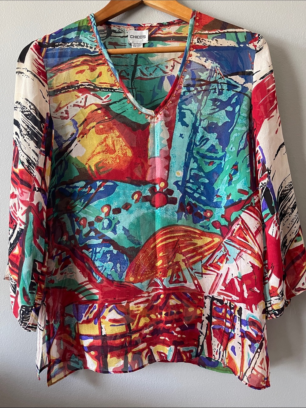 Chico's Y2K SILK Vibrant Abstract V-Neck Tunic in Teal, Red and Turquoise
